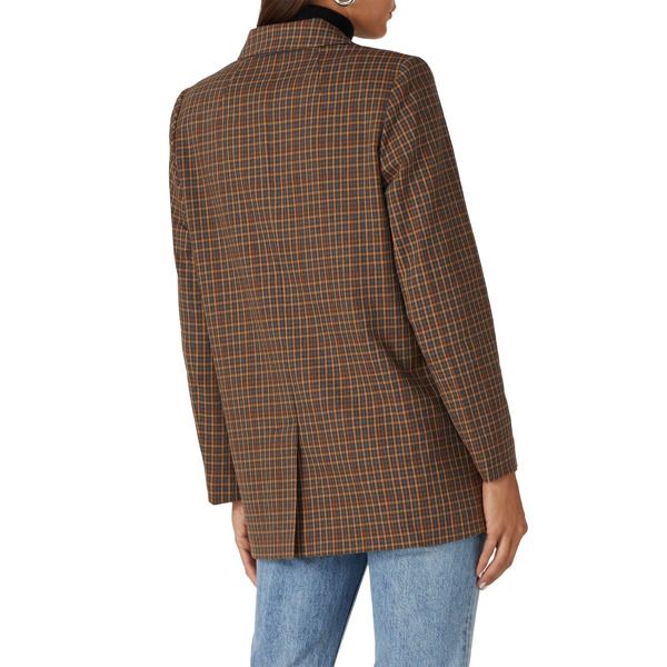 Brown houndstooth printed polyester (49% Polyester, 49% Viscose, 2% Elastane). Blazer jacket. Long sleeves. Front button placket. Front pockets. 30.5" from shoulder to hemline. Imported. Tailored Plaid Outerwear With Patch Pockets, Plaid Outerwear With Concealed Placket For Business Casual, Plaid Long Sleeve Outerwear With Concealed Placket, Fall Plaid Blazer With Concealed Placket, Plaid Outerwear With Notch Lapel For Business Casual, Plaid Notch Lapel Outerwear For Business Casual, Business Casual Plaid Outerwear With Welt Pockets, Plaid Outerwear With Patch Pockets For Business Casual, Tailored Plaid Outerwear With Lapel Collar