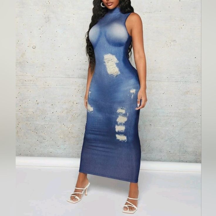 Denim Print Maxi Dress Stretch Sleeveless Denim Blue Dress, Stretch Denim Blue Sleeveless Dress, Denim Blue Stretch Sleeveless Dress, Sleeveless Stretch Denim Blue Dress, Trendy Summer Bodycon Denim Dress, Stretch Denim Blue Dress For Summer, Summer Stretch Denim Blue Dress, Trendy Stretch Denim Blue Dress, Trendy Sleeveless Bodycon Denim Dress