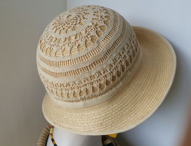 Handmade natural straw and cotton lace hat. Size - 22.5" Free shipping Cream Straw Bucket Hat, Cream Woven Straw Hat For Spring, Beige Cloche Hat For Vacation, Fitted Cream Panama Hat For Beach, White Brimmed Straw Crochet Hat, Adjustable Cloche Hat For Vacation, Fitted Cream Straw Hat For Vacation, Casual Cloche Sun Hat For Vacation, Casual Beige Cloche Straw Hat