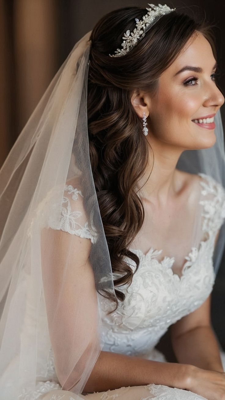 a woman in a wedding dress with a veil on her head and a tiara