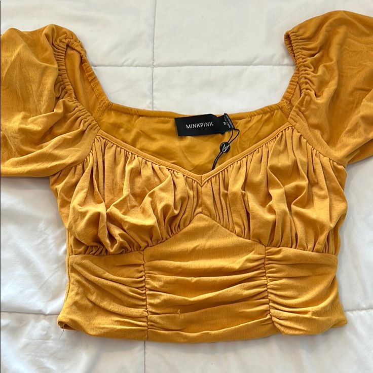 Mustard Yellow Ruched Top. Cinched Detailing, Puffy Sleeves. Yellow Ruched Tops For Spring, Fitted Yellow Ruched Top, Ruched Top, Puffy Sleeves, Orange Yellow, Mustard Yellow, Crop Tops, Womens Tops, Yellow