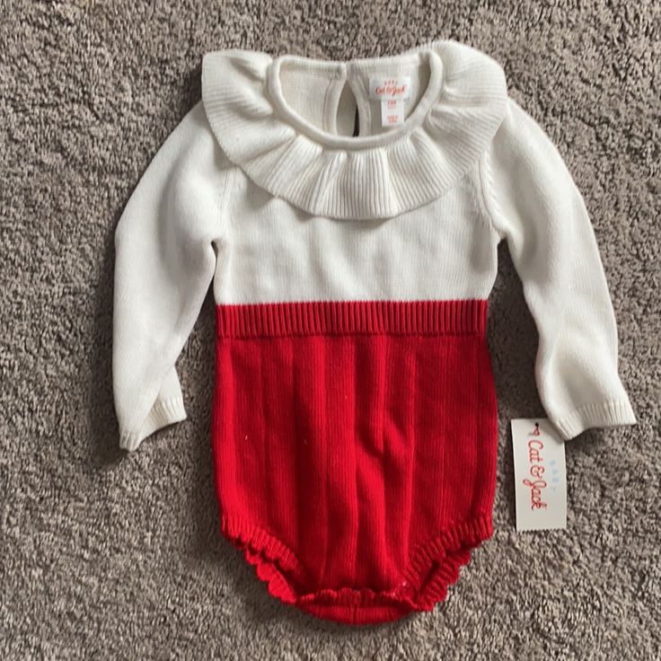 Cat & Jack Baby Cream Red Sweater Romper Size 12m Long Sleeve Ruffle Neck Knit Bubble Romper Color Deep Red And Cream Made With 100% Cotton Has Ring Snaps At Legs For Easy Changing. Sweater Romper, Terry Romper, Burgundy Jumpsuit, Aesthetic Galaxy, Pattern Romper, Girls Jumpers, Cotton Romper, Knitted Romper, Ruffle Romper