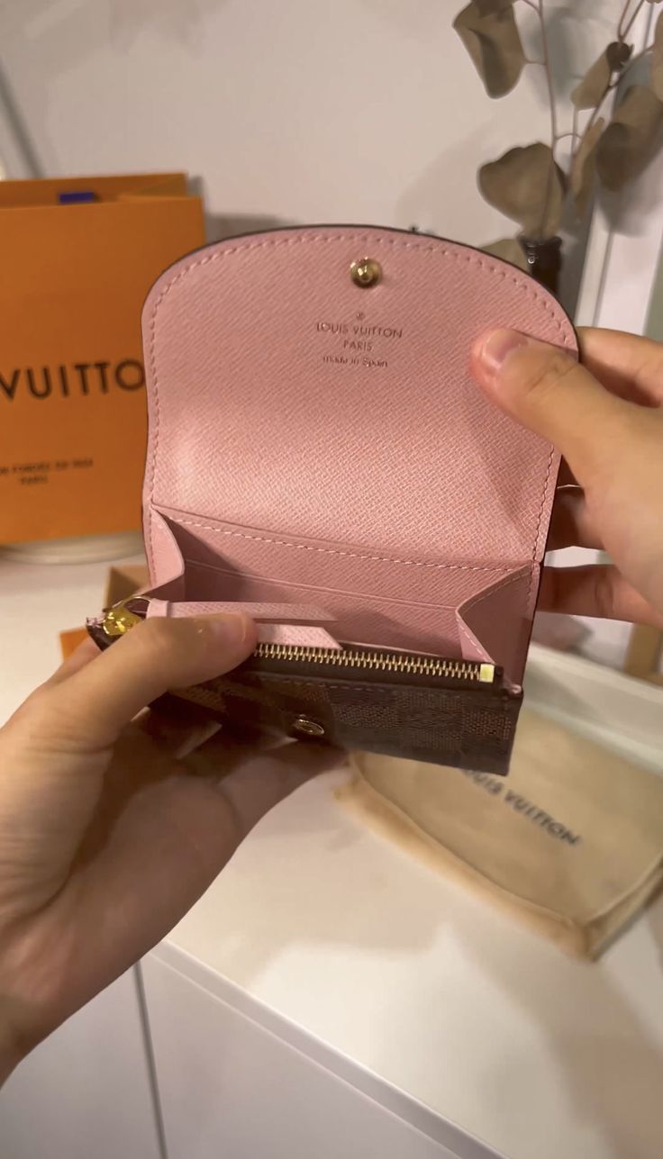 What fits in a LV Louis Vuitton Pink Rosalie Coin Purse compact Wallet in Ballerine Damier Ebene Card Holder Slot Luxury Brand Affordable Louis Vuitton Small Handbag, Luis Vuitton Wallet, Designer Coin Purse, Classy Purses, Bday Gift, Louis Vuitton Pink, Handbag Essentials, Lv Purse, Card Purse