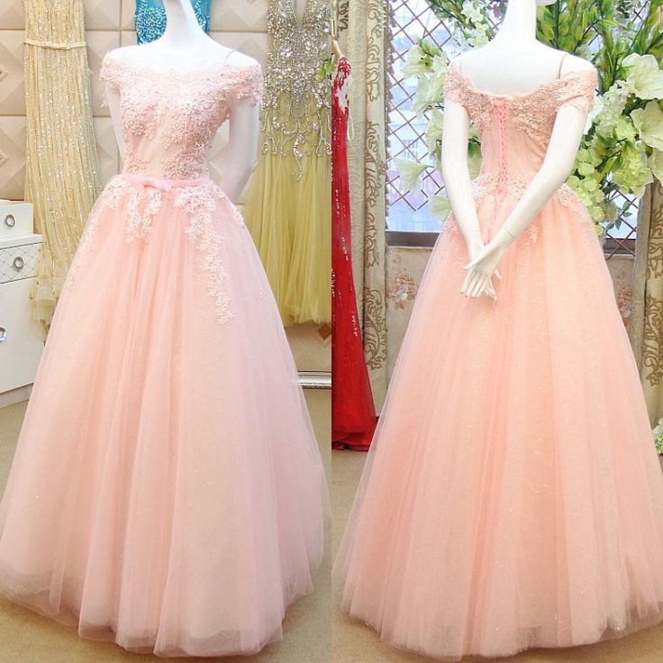 Pink Ball Gown Wedding Dress For Banquets, Pink Floor-length Wedding Dress For Prom Season, Pink Ball Gown For Bridesmaids, Pink Bridesmaid Ball Gown Evening Dress, Pink Wedding Dress With Sweep Train, Pink Ball Gown Dress For Prom, Pink Tulle Bridesmaid Dress For Banquet, Pink Dress Style Ball Gown For Prom Season, Pink Dress For Wedding And Prom Season