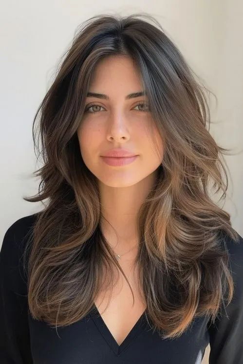 90s blowout Blowout Ideas Long Hair, Long Hairstyles Blowout, 90 Inspired Hairstyles, Medium Length 90s Blowout, Long Hair 90s Blowout, 90s Layered Hair Side Part, Dark Brown Hair Face Framing Layers, Elegant Blowout Hair, Mid Back Length Haircut