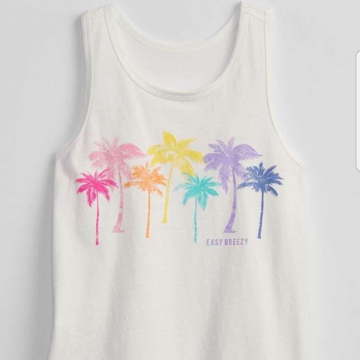 Gap Kids Graphic Tank Nwt Size 8 Kids Medium Girls Summer Top Multi Color Shirt Rainbow Tank Kids Girls Shirt Spring Summer Graphic Tee Graphic T-Shirt Palm Tree Vacation Eazy Breezy School Clothes New With Tags Little Girls Clothes Gap Cotton Tops For Summer, Cute White Sleeveless T-shirt, Fun White Cotton Tank Top, Playful White Cotton Tank Top, White Gap T-shirt With Graphic Print, Gap White Graphic Print T-shirt, Playful Gap Summer Tops, Playful Gap Tops For Summer, Playful Summer Tops By Gap