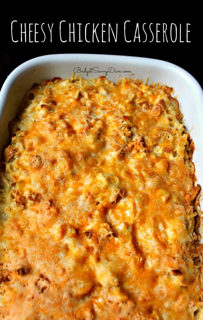 cheesy chicken casserole in a white dish on a black background with text overlay