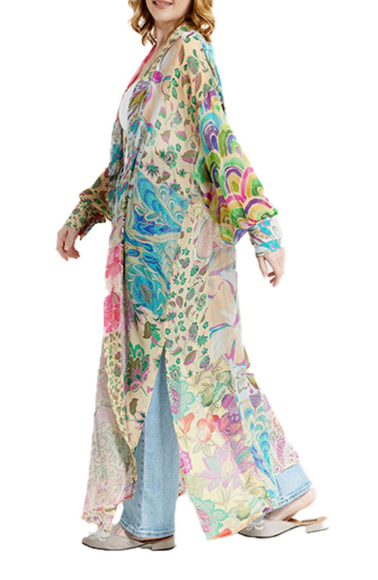 Hit the beach or kick it poolside in this flowy kaftan that features an allover floral pattern, kimono-inspired sleeves and an open-front silhouette. Kimono-inspired sleeves 100% viscose Hand wash, line dry Imported Floral Print Flowy Maxi Cover-up, Multicolor Print Kimono For Spring Beach Cover-up, Multicolor Printed Kimono For Beach Cover-up, Multicolor Kimono Beach Cover-up, Spring Dresses With Abstract Print And Kimono Sleeves, Spring V-neck Beachwear Kimono, Multicolor Long Kimono For Beach Cover-up, Summer Kimono With Abstract Print, Patterned Kaftan For Summer Beach Cover-up