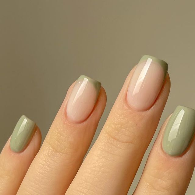 Green And Neutral Nails, Sage Bridesmaid Nails, Sage Nails Ideas, Nails Sage Green And White, Sage French Nails, Sage Green And Beige Nails, Sage Green And Orange Nails, Sage Pedicure, Sage Green Pedicure