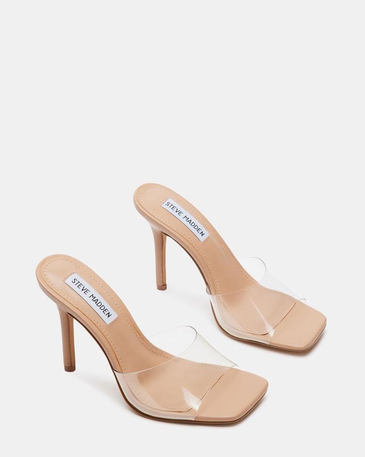 Clear Mules Heels, Clear Wedge Heels, Clear Sandals Heels, Clear Heels Outfit, One Inch Heels, Heels Wide Width, Nike Shoes Blue, Simple Heels, Woman Heels