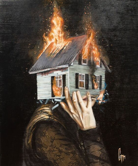 a painting of a person holding a house on fire