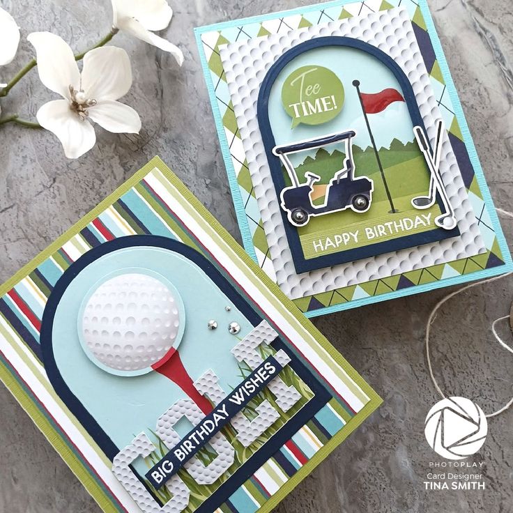 two birthday cards with golf themed designs on them, one has a golf ball and the other is a golf tee