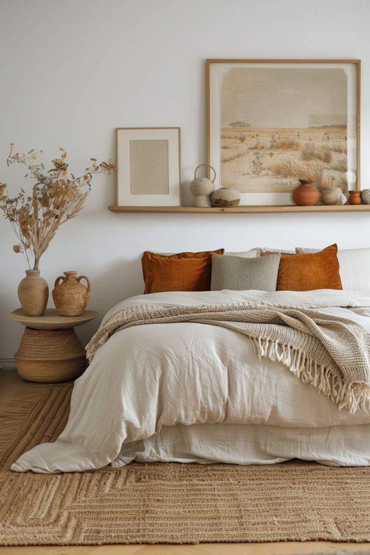 a large bed sitting in a bedroom next to a wall with pictures on the wall