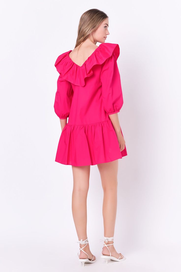 This sweet and chic ruffled mini is perfect for dressing up or dressing down. With a flattering v-neckline and delicate ruffle detail, this mini is perfect for showing off your curves. Made with a soft and lightweight fabric, it's perfect for layering. Dress it up with heels or dress it down with sandals - either way, you're sure to fall in love with our ruffled mini. V neckline Ruffle detail 3/4 puff sleeve Mini length Lining Hand wash cold Do not bleach Do not tumble dry Iron low Shell: 100% Cotton Lining: 80% Polyester 20% Cotton HN1196D Total length :33.75" Bust :36.5" S Height 5'9"/(175cm) / Bust 30"/(76.5cm) / Waist 24.5"(62cm) / Hip 34"(86cm) Pink V-neck Mini Dress With Ruffle Hem, Chic Pink V-neck Ruffle Dress, Spring Tiered V-neck Dress With Ruffles, Feminine V-neck Ruffle Dress With Ruffle Hem, Chic V-neck Dress With Ruffle Hem For Day Out, Pink Chic V-neck Ruffle Dress, Chic V-neck Dresses With Ruffles, Flirty Ruffle Dress With Ruffled Straps, Flirty Ruffle Dress With Ruffled Straps And Hem