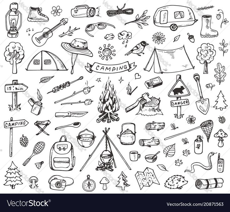 camping doodles set in black and white