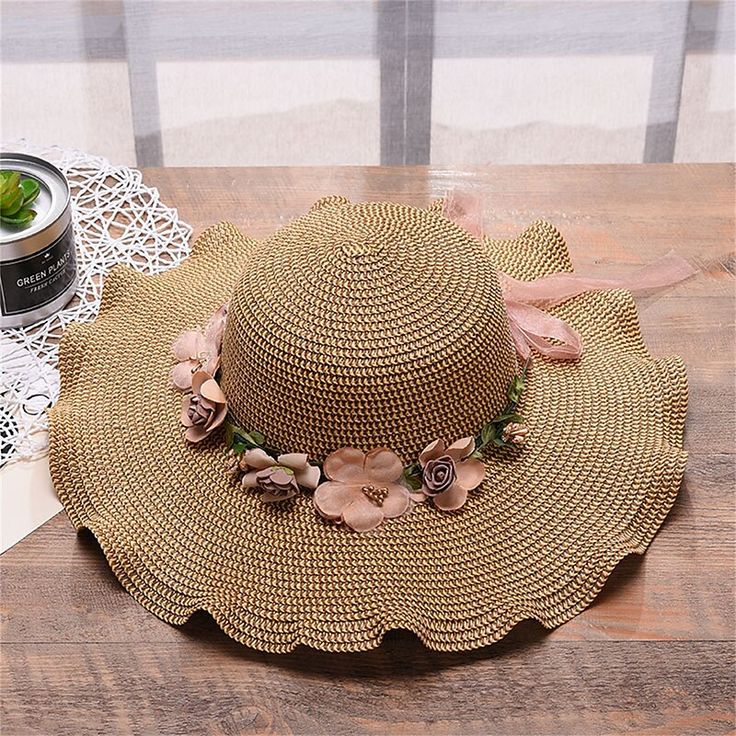 Category:Hats,Cap; Season:Summer,Spring; Gender:Women's; Quantity:1PC; Style:Fashion,Active; Hats Category:Sun Hat; Occasion:Beach,Outdoor,Holiday; Material:Straw; Color:Khaki,Beige; Function:Sun Protection,Portable; Pattern:Pure Color; Design:Flower; Front page:FF; Listing Date:04/18/2024; Head Circumference:57 Pink Straw Sun Hat For Summer, Pink Straw Hat For Summer, Spring Summer Straw Hat With Flower Shape, Pink Casual Straw Hat For Summer, Casual Pink Straw Hat For Summer, Pink Curved Brim Straw Hat For Summer, Summer Sun Hat For Garden Party, Brimmed Sun Hat For Summer, Beige Sun Hat For Summer Sunbathing