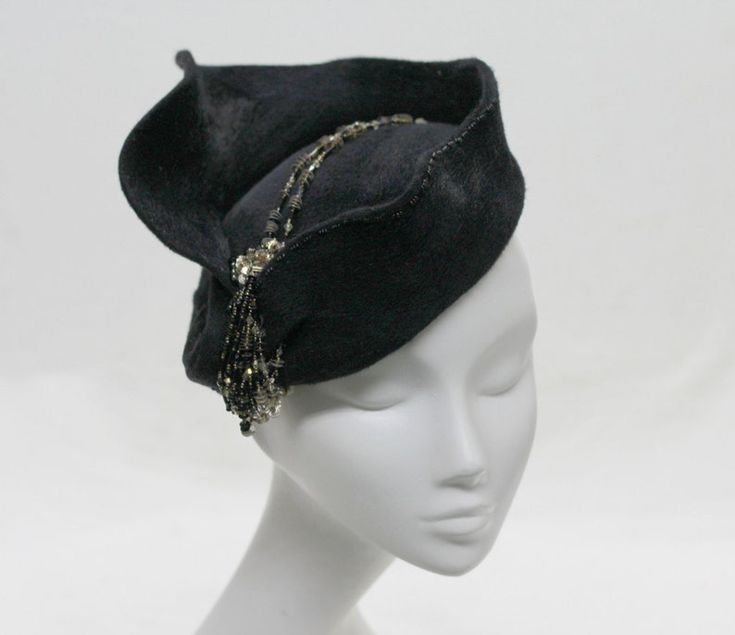 Chichi Black Evening Hat Opulent Beaded & Sculpted Cloche | Etsy Elegant Black Ceremonial Costume Hats And Headpieces, Elegant Ceremonial Hat With Curved Brim, Winter Evening Brimmed Mini Hats, Black Fur Felt Hats For Party, Elegant Ceremonial Hat With Structured Crown, Elegant Ceremonial Hat With Short Brim, Elegant High Crown Headpiece For Costume, Adjustable Evening Hats For Winter, Winter Evening Mini Hat With Short Brim