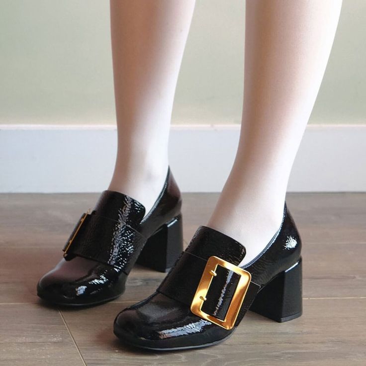 Step up your style game with these black square-toe loafers. Featuring a chunky heel and an oversized buckle, these loafers add a trendy touch to any outfit. Color: Black Heel type: Chunky heel Heel height: 2.48" / 63 mm approx Product measurements were taken using size 8. Please note that measurements may vary by size. Toe: Square toe The black chunky heel loafers with stylish oversized buckleembellishment Handcrafted US sizing. Fits true to size. Black Patent Leather Loafers With Square Toe, Chic Heels With Block Heel And Metal Pin Buckle, Chic Heels With Metal Pin Buckle And Block Heel, Ankle Strap Heels For Work In Fall, Ankle Strap Heels For Workwear In Fall, Fall Ankle Strap Heels For Workwear, Chic Formal Heels With Rectangular Buckle, Fall Workwear Heels With Buckle Closure, Fall Workwear Ankle Strap Heels