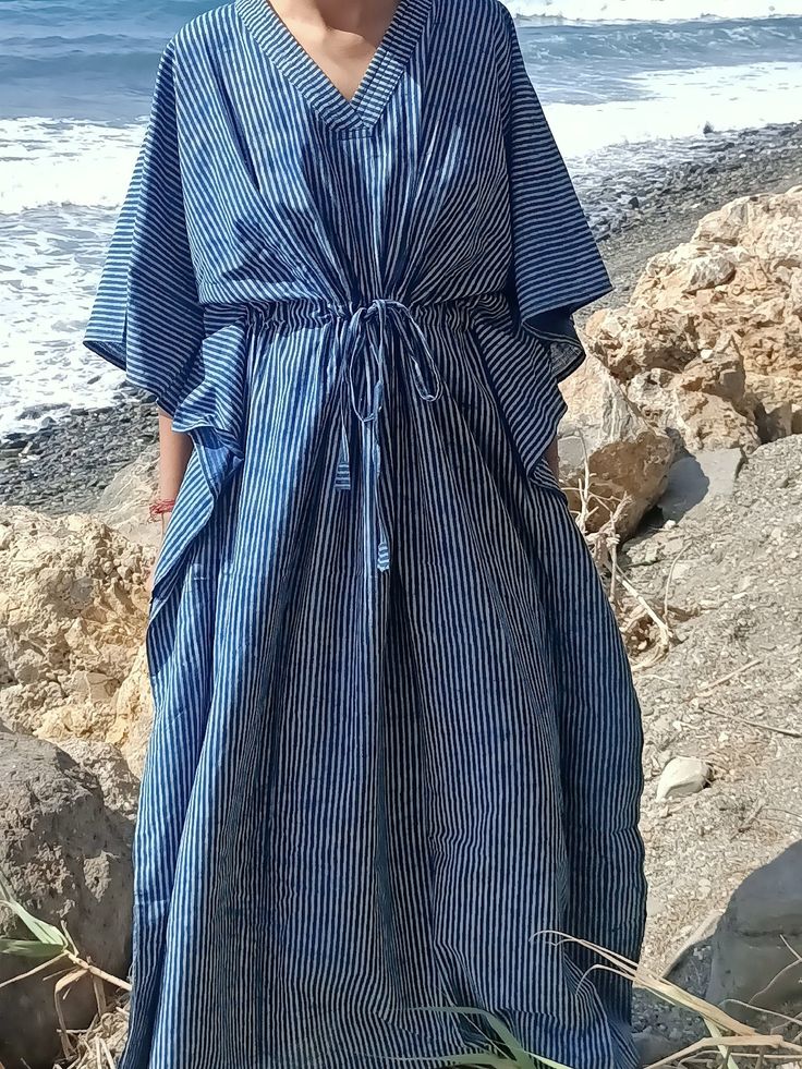 Cotton kaftan Striped Kaftan For Summer Beach Cover-up, Striped Oversized Dresses For Daywear, Bohemian Cotton Beach Dress For Daywear, Bohemian Striped Vacation Dresses, Bohemian Striped Dresses For Vacation, Striped Long Dress For Vacation, Long Striped Vacation Dress, Striped Relaxed Fit Dress For Vacation, Bohemian Striped Maxi Dress For Beach