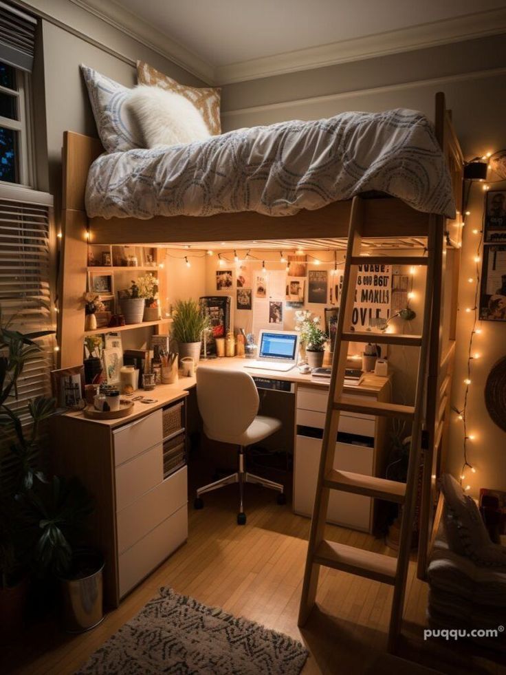 a loft bed with a desk underneath it and lights strung from the ceiling, in front of a window