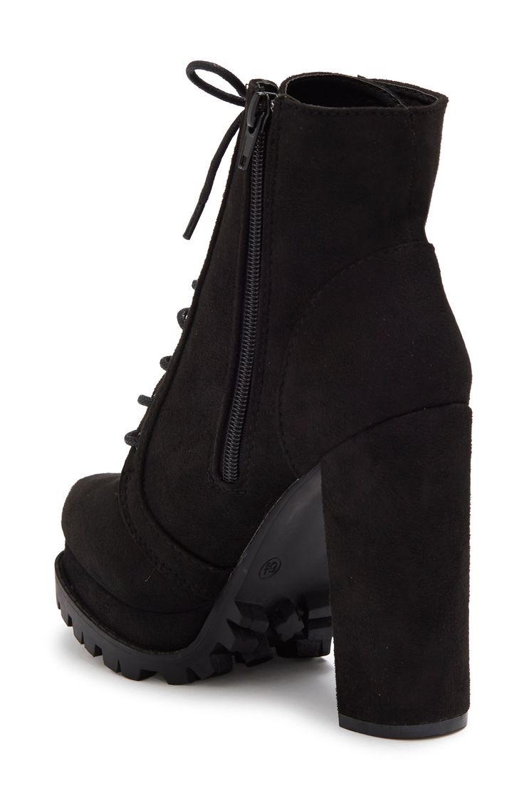 Instantly elevate any outfit with these platform booties featuring a dramatic block heel and lugged sole for trendy style. 4 5/8" heel, 1 1/4" platform 7" shaft height, 9 1/4" opening circumference Almond toe Faux leather upper Lace-up vamp Side zip closure Covered block heel Lug platform sole PU upper/lining, plastic midsole, rubber outsole Imported Fall Combat Boots With Platform And Block Heel, Trendy Heeled Boots With Lug Sole And Block Heel, Fall Chunky Platform Block Heel Lace-up Boots, Chunky Platform Combat Boots With Block Heel For Fall, Fall Lace-up Boots With Chunky Platform And Block Heel, Fall Combat Boots With Chunky Platform And Block Heel, Chunky Block Heel Platform Boots For Fall, Edgy Platform Heeled Boots For Fall, Edgy High-heel Lace-up Boots With Lug Sole