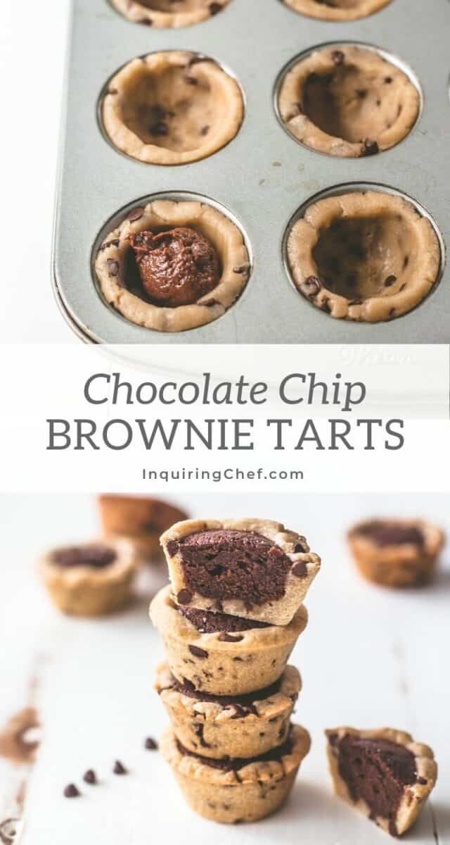 chocolate chip brownie tarts stacked on top of each other in a muffin tin