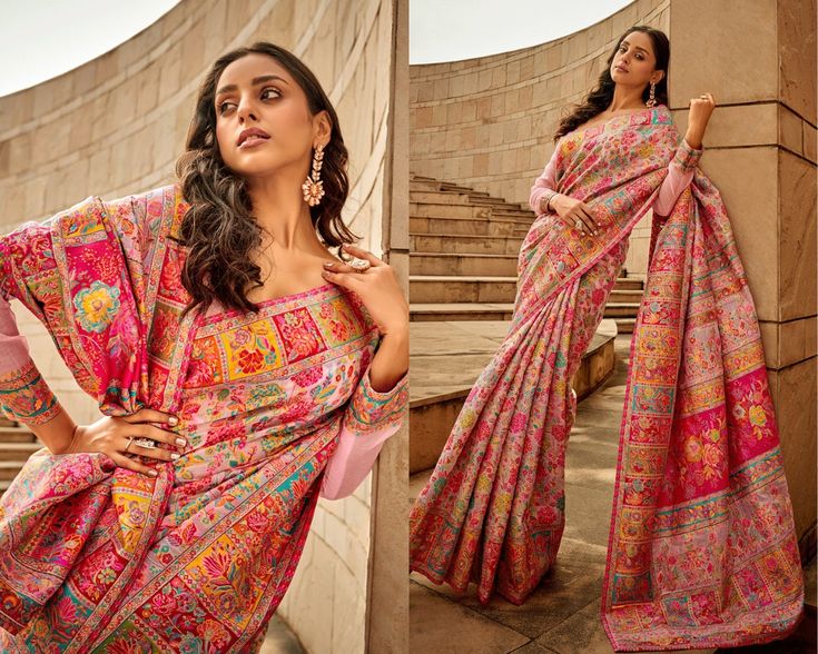 Nothing beats the mesmerizing power of a finely woven Kashmiri modal handloom weaving silk saree! This Kashmiri Modal Handloom woven silk sarees has a graceful decorative work like woven zari created on the lines of sustainable appeal with evergreen motifs and a carefully ornamented border. Trust, this saree will be an elevating addition to your collection. Comes with matching blouse. The unstitched blouse can be customized upto 44 inches. Do Note: All the accessories shown are for styling purpo Multicolor Slub Silk Blouse Piece With Zari Weaving, Multicolor Saree With Weaving Work, Multicolor Traditional Wear With Weaving For Eid, Multicolor Slub Silk Saree With Weaving Work, Multicolor Woven Motifs Saree For Eid, Bohemian Pink Saree With Zari Weaving, Multicolor Blouse Piece With Weaving Work And Traditional Drape, Multicolor Blouse Piece With Traditional Drape And Weaving Work, Multicolor Traditional Drape Blouse Piece With Weaving Work