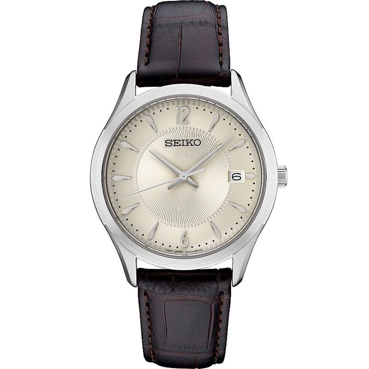 Dress up any casual or business attire with this sophisticated men's watch from Seiko's Essential collection. Dress up any casual or business attire with this sophisticated men's watch from Seiko's Essential collection. DISPLAY Sunray dial Day & date window Face cover material: Hardlex crystal Luminescence: hands & hour markersCASE Material: stainless steel Waterproof screw-down caseback & crown Diameter: 40 mmBAND Band type: brown leather strap Clasp: buckle Circumference: 170 mm - Classic Brown Watch, Classic Brown Business Watches, Classic Business Watch Accessories With Metal Dial, Brown Metal Dial Business Watch, Classic Brown Watch Accessories For Formal Occasions, Classic Business Watch With Chronograph, Classic Business Watches With Chronograph, Classic Leather Watch Bands For Business, Classic Leather Watches For Business