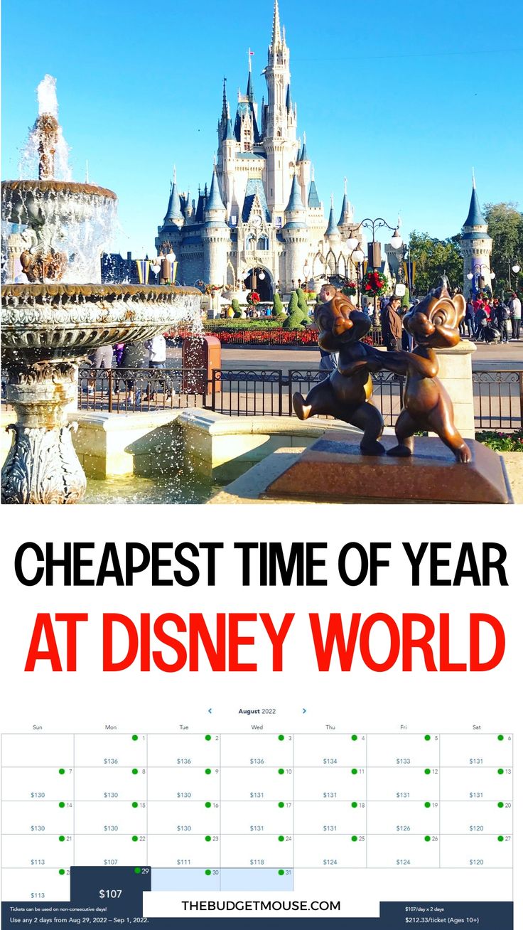 Cinderella Castle at Disney World with a calendar displaying the cheapest dates in August 2022. Cheapest Time To Go To Disney World, Family Trip To Disney World, Disney On A Budget 2024, Disney Budget Tips, How To Save For Disney World, Best Time To Go To Disney World, Saving For Disney World, Disney Savings Plan, Disney Trip Planning Budget