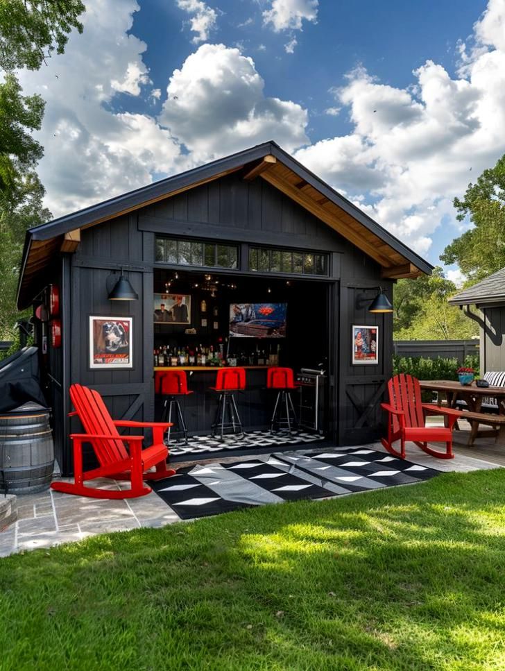 a black and white checkered patio with red chairs