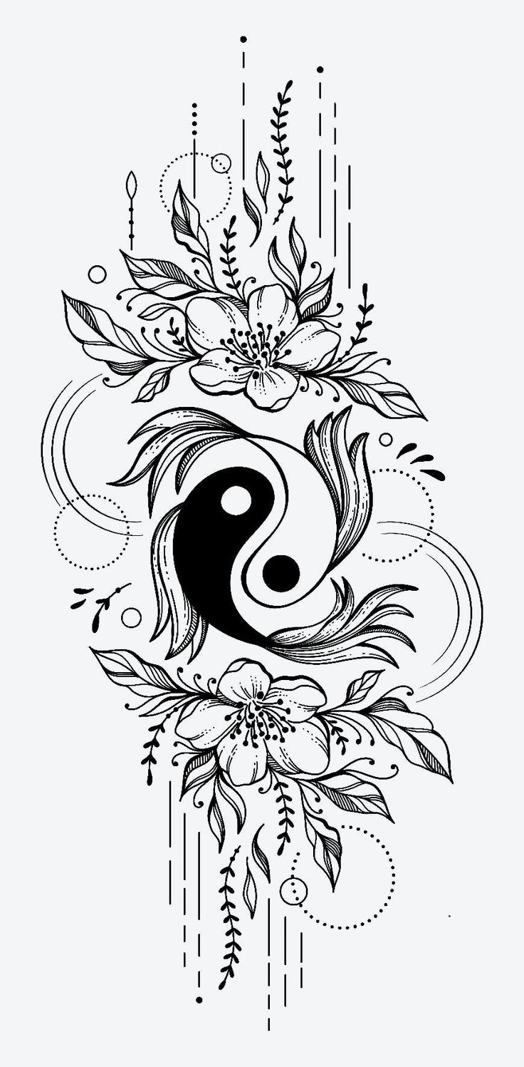 a black and white drawing of a yin symbol with flowers in the center on a white background