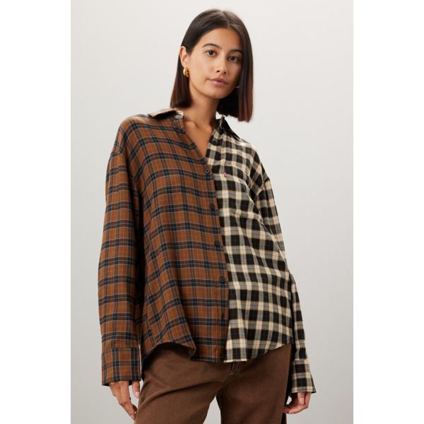 Multicolor plaid cotton (60% Cotton, 40% Viscose). Top. Long sleeves. Collar. Front button closure. 7.5" from shoulder to hemline. Imported. Plaid Patchwork Tops For Workwear, Fall Relaxed Fit Patchwork Shirt, Oversized Plaid Top For Daywear, Plaid Cotton Work Tops, Plaid Cotton Flannel Shirt For Work, Plaid Patchwork Long Sleeve Blouse, Plaid Long Sleeve Shirt For Daywear, Long Sleeve Plaid Patchwork Blouse, Plaid Shirt For Workwear In Fall