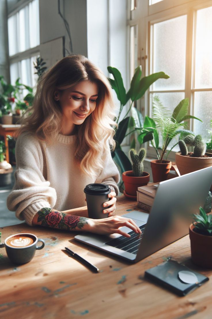 a woman sitting at a table using her laptop and holding a coffee cup in front of her