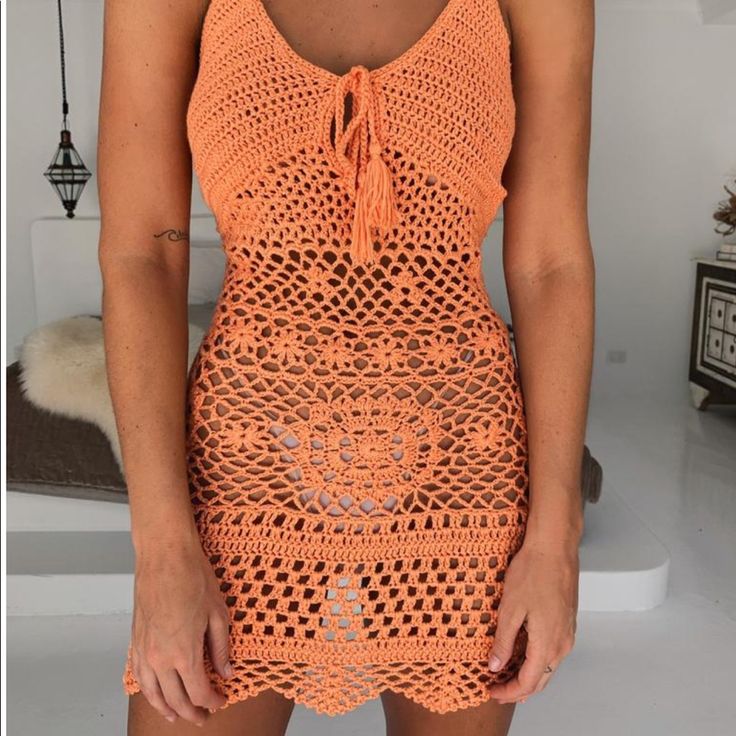 Gorgeous Crochet Summer Look!! Nwt Sold Out Mini Crochet Dress For Beach Cover-up, Fitted Mini Crochet Dress For Beach Cover-up, Fitted Crochet Lace Summer Dress, Orange Fitted Crochet Dress For The Beach, Fitted Orange Crochet Dress For Beach, Crochet Trim Lace Mini Dress For Beach, Fitted Orange Crochet Top For Summer, Spring Vacation Orange Crochet Dress, Lace Mini Dress With Crochet Trim For Beach