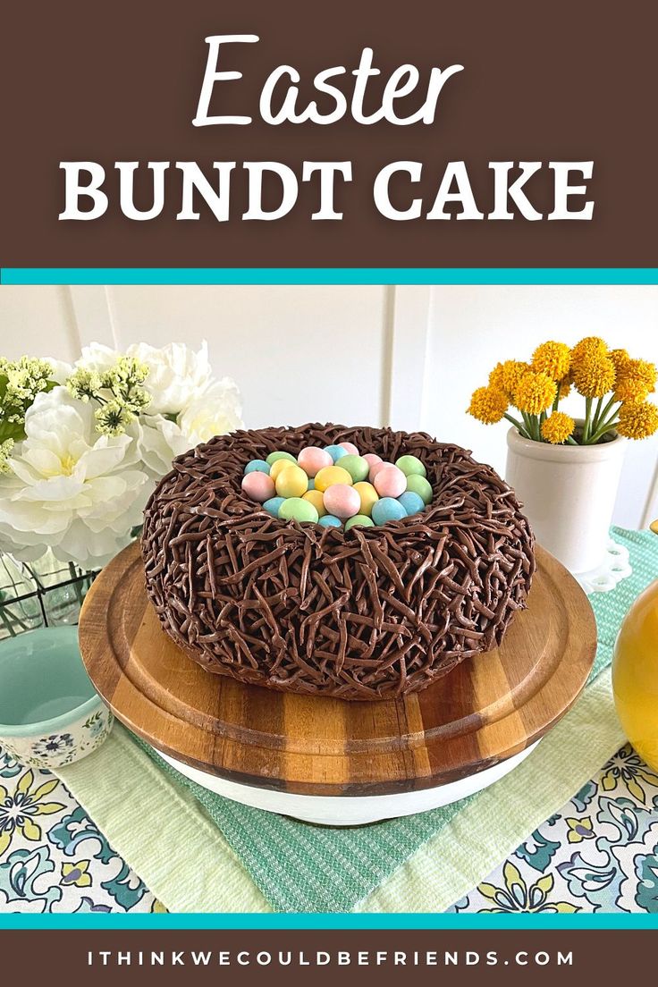 an easter bundt cake with chocolate icing and eggs in the middle on a wooden platter