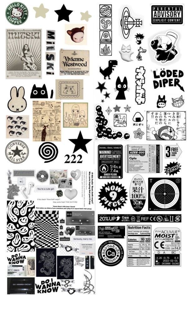 many different types of stickers and decals on a white background, including black and white