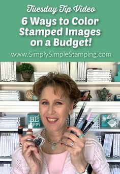 a woman holding up her makeup products in front of a bookcase with the words, 6