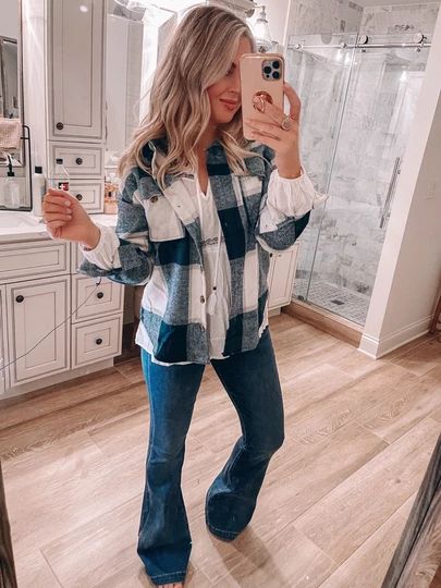 Blue And White Shacket Outfit, Flares And Shacket Outfit, Flares And Flannel Outfit, Flared Jeans And Flannel Outfit, Blue Plaid Shacket Outfit, Blue And White Flannel Outfit, Black And White Shacket Outfit, Blue Shacket Outfit, Flannel Shirt Outfit Casual