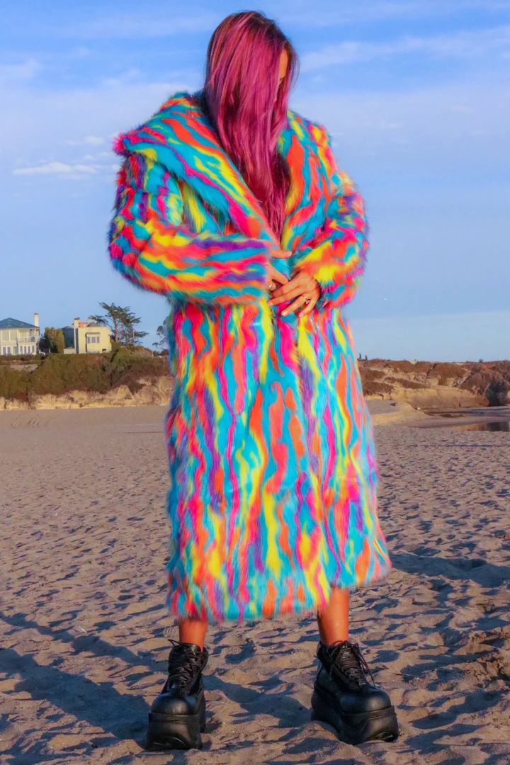 Get wild in the new Funfetti faux fur coat by Space Island. There's always a reason to celebrate on our planet ;) Unbelievably soft and warm faux fur. Perfect for any night time activities, chilly winter weather and colder festivals when they return. We can't wait to see you again on the dance floor.  *Sizes Small, Lar Night Time Activities, Colorful Fur Coat, Space Island, Colorful Faux Fur Coat, Y2k Photoshoot, Festival Coats, Rave Babe, Festival Jacket, Time Activities