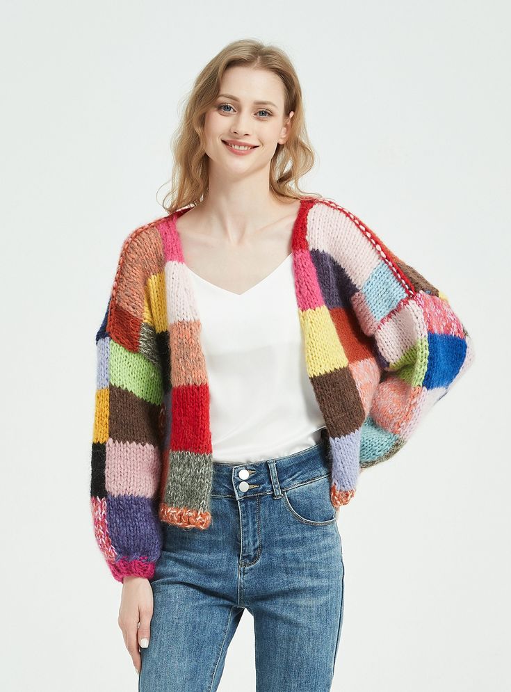 "Elegant mohair cardigan gives you dream looking! This mohair sweater features: * color block - multi-color cardigan * Soft 32% Kid Mohair/28% Merino wool/ 40% Nylon blended yarn. * Puffy sleeves SIZE: S(US 0-4) M(US 6-8)L (US 10-12) XL (US 14-16） S/ M: * Width: 25 1/2\" (65cm) - side to side * Length: 21\" (53cm) L/XL: * Width: 27 1/2\" (70 cm) - side to side * Length: 23\" (58cm) If you want it in different size and length, please convo me or leave the note and your height and chest details wh Color Block Cardigan For Winter, Multicolor Patchwork Sweater For Layering, Multicolor Acrylic Cardigan For Fall, Colorful Fall Cardigan, Multicolor Acrylic Outerwear For Layering, Multicolor Acrylic Cardigan For Spring, Multicolor Acrylic Cardigan For Winter, Multicolor Acrylic Outerwear With Color Block, Trendy Multicolor Knitted Cardigan