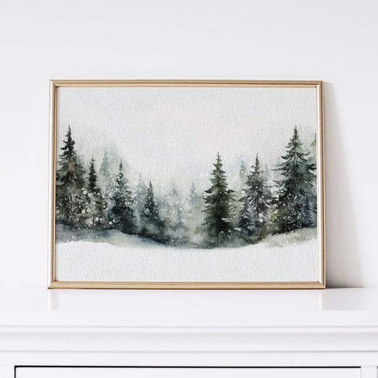 a watercolor painting of pine trees in the snow on a mantel with white mantle