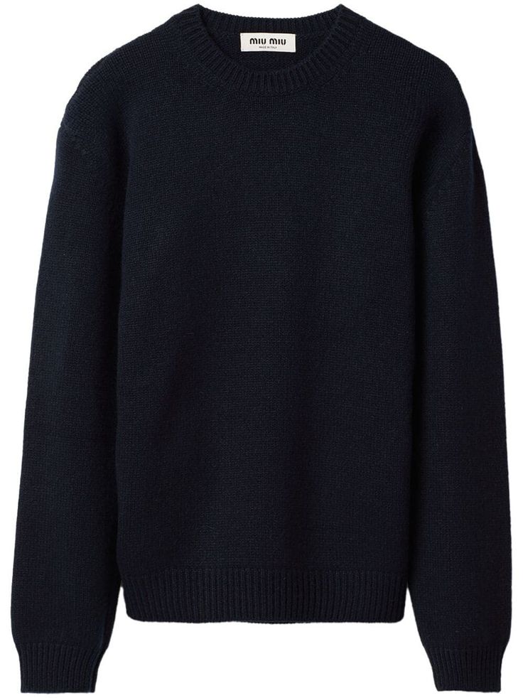 Miu Miu Plain Knit Cashmere Jumper - Farfetch Miu Miu Classic Long Sleeve Tops, Classic Long Sleeve Miu Miu Tops, Miu Miu Casual Tops For Workwear, Blue Cashmere Sweater With Ribbed Collar, Blue Cashmere Sweater With Ribbed Cuffs, Classic Crew Sweater For Work, Classic Crew Neck Workwear Sweater, Blue Workwear Sweater, Classic Crew Neck Wool Sweater