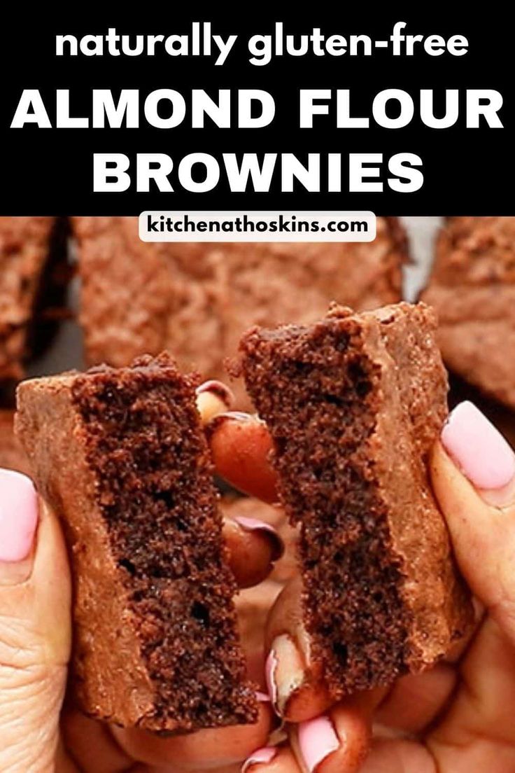 a person holding a piece of brownie in their hand with the text, naturally gluten - free almond flour brownies