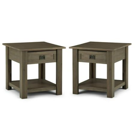 pair of end tables with one drawer open and the other closed on both sides, in grey wood