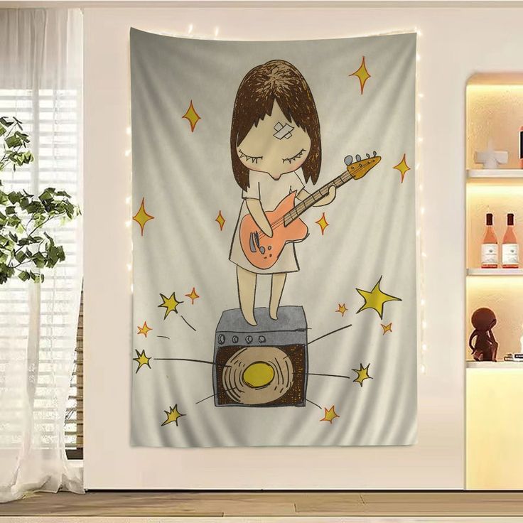 a girl playing guitar on top of a boombox with stars around her wall tapestry