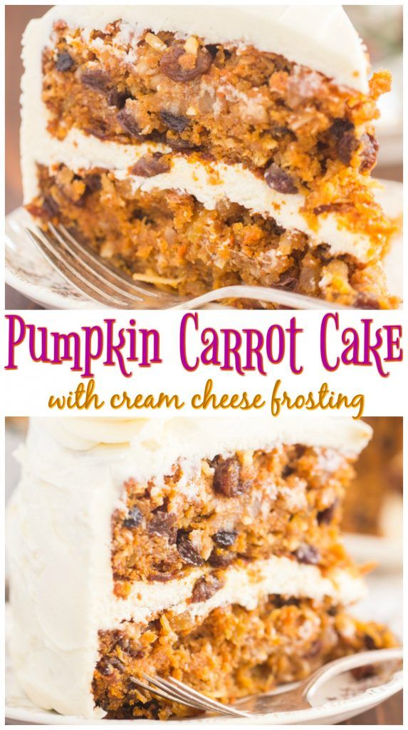 pumpkin carrot cake with cream cheese frosting is cut into slices and sits on a plate