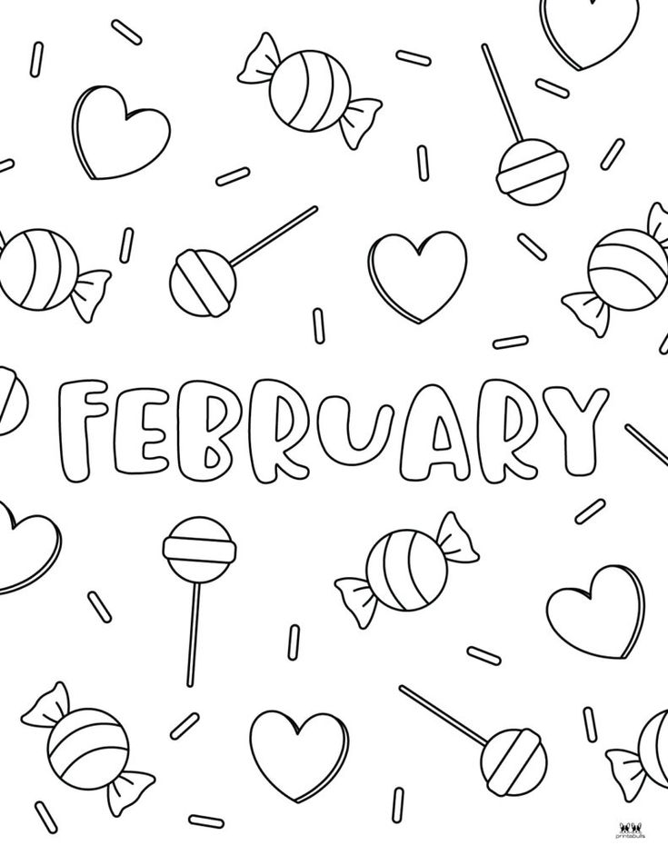 the word february surrounded by candy and candies in black ink on a white background