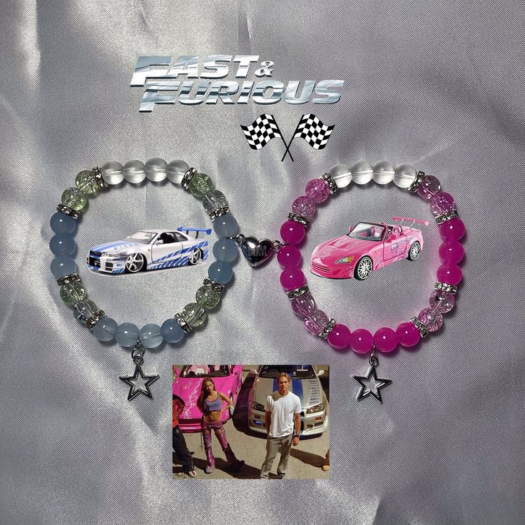 two bracelets with cars and stars on them, one is pink the other is silver