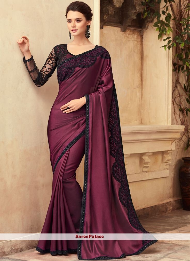 Art Silk Purple Designer Traditional Saree Full Sleeves Blouse Designs, Party Wear Sarees Online, Wine Purple, Purple Saree, Designer Silk Sarees, Saree Designs Party Wear, Salwar Kamiz, Party Wear Saree, Satin Saree