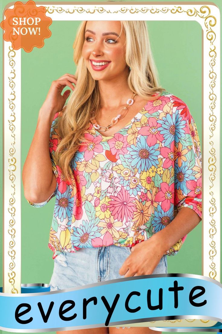 Multicolor Floral Print V Neck Half Sleeve Blouse Trendy V-neck Blouse With Vibrant Print, Chic Multicolor Print V-neck Blouse, Vibrant V-neck Blouse For Day Out, Trendy Floral Print V-neck Blouse, Vibrant Print V-neck Top For Brunch, Trendy V-neck Blouse With Floral Print, Summer V-neck Tops With Multicolor Print, Colorful V-neck Blouse For Beach, Chic Multicolor V-neck Blouse